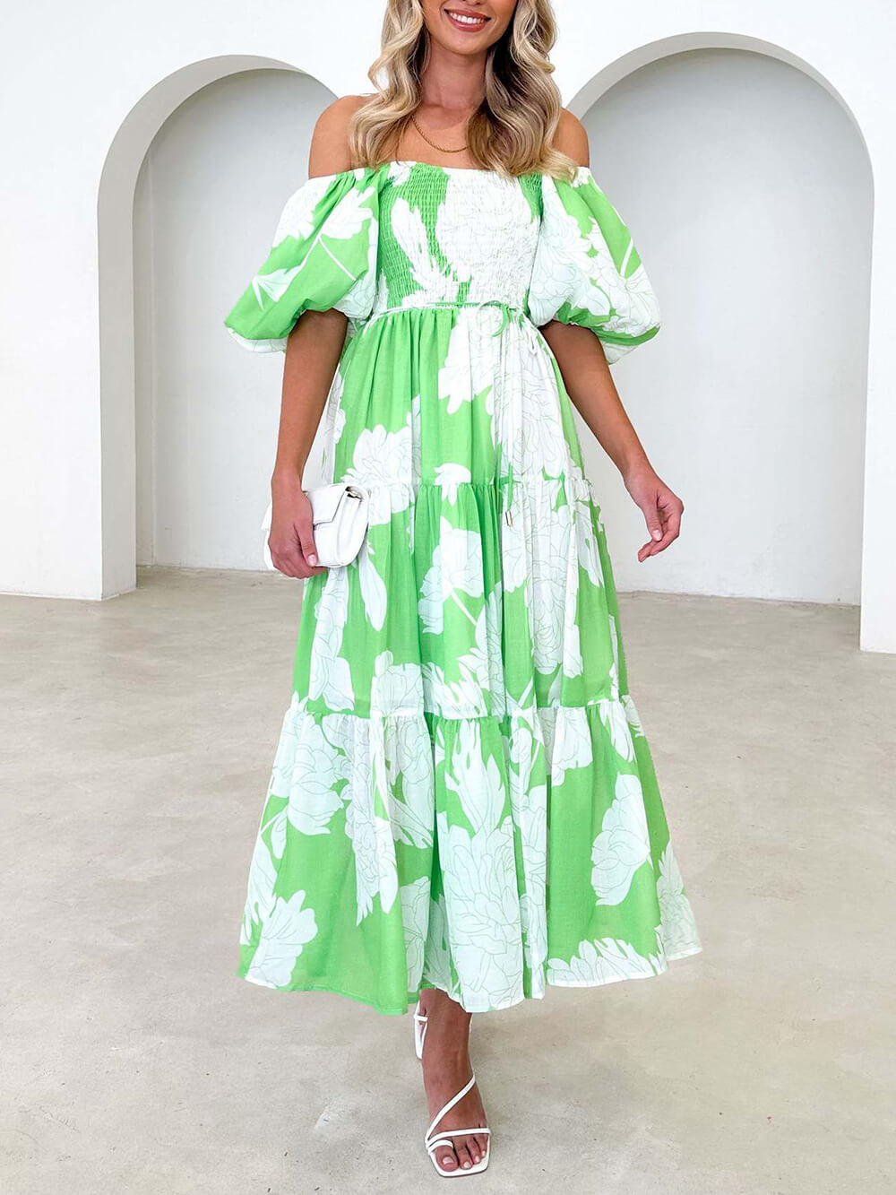 Elegant Floral Off-Shoulder Puff Sleeve Dress