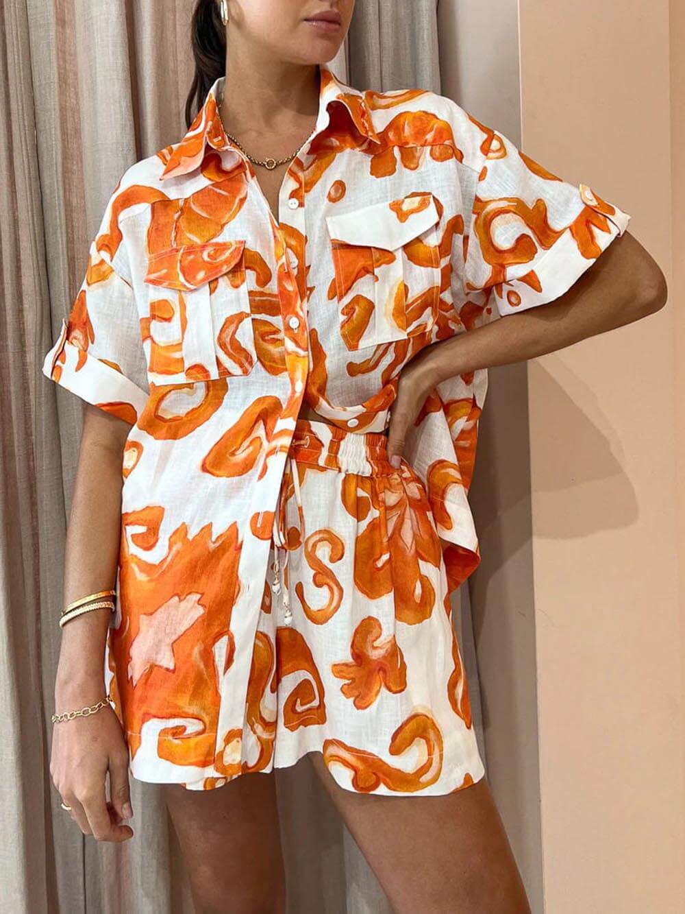 Loose Fit Print Shirt Shorts Set