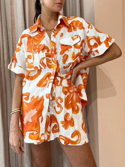 Loose Fit Print Shirt Shorts Set