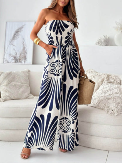 Printed Off-Shoulder Pleated Wide-Leg Jumpsuit