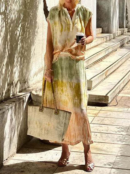 Tie Dye Print V Neck Two Piece Set