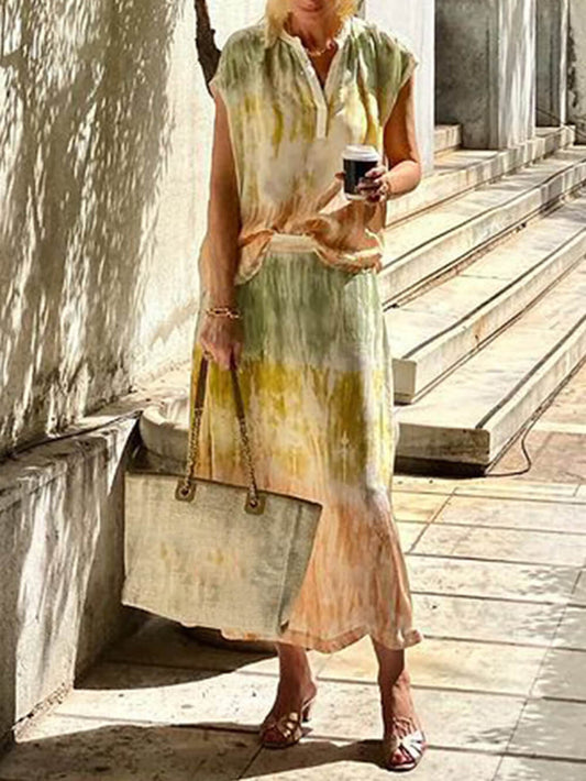 Tie Dye Print V Neck Two Piece Set