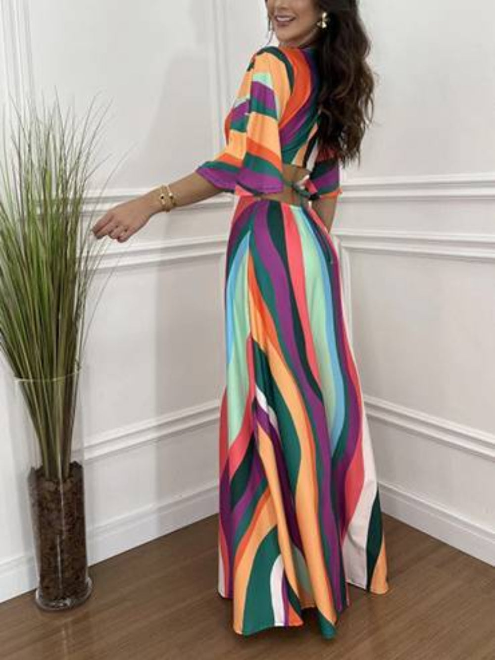 Half Sleeve Batwing Waist-Tied Maxi Dress