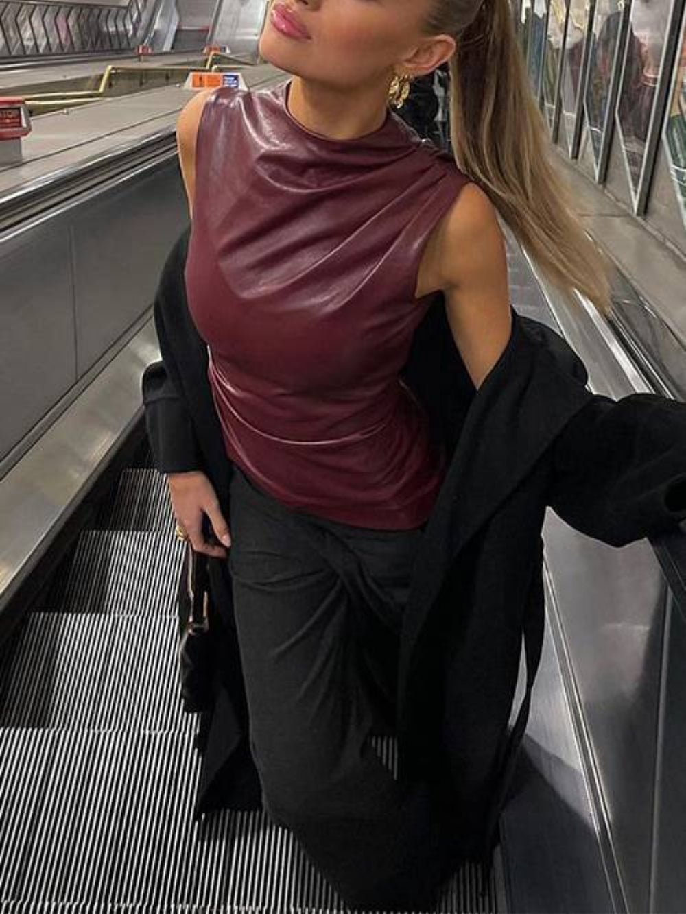 Sleeveless Pleated Leather Look Top