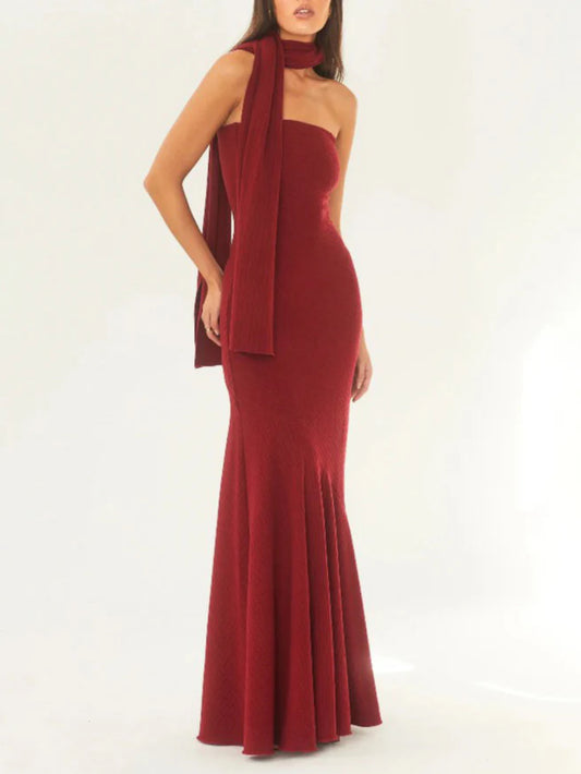Waist-Tied Strapless Cape Dress