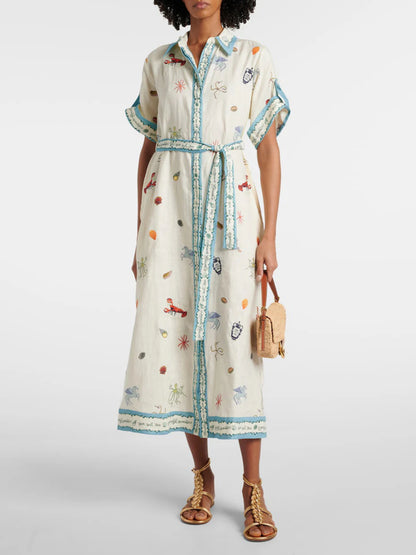 Fresh Ocean Lobster Print Lace-Up Shirt Dress
