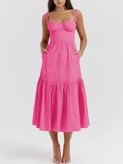 Strap Solid Color A-Line Hem Midi Dress