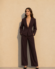 Vintage Deep V-Neck Fitted Waist Blazer Long Sleeve Two Piece Set