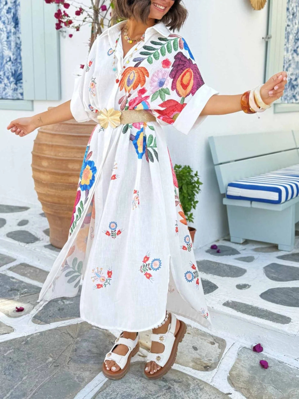 Casual Positioning Print Loose Resort Shirt Dress