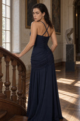 Elegant Solid Color Lace Up Ruched Maxi Dress