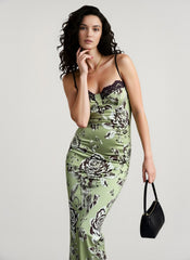 Lace Color Block Printed Slit Bodycon Maxi Dress