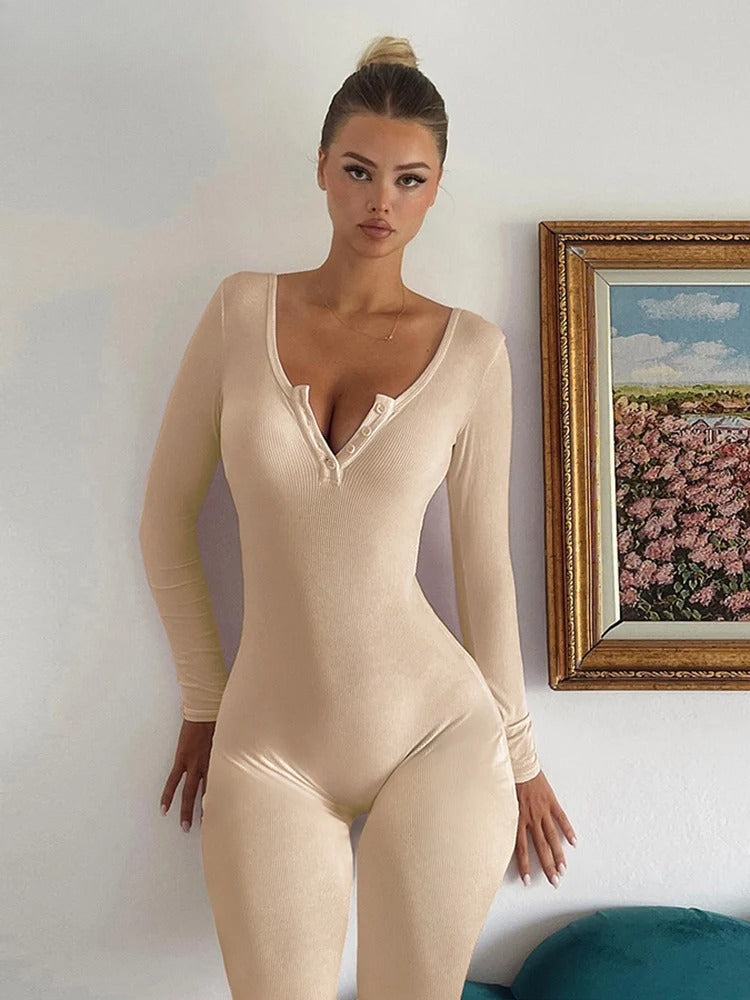 Ribbed Button Low Neck Jumpsuit