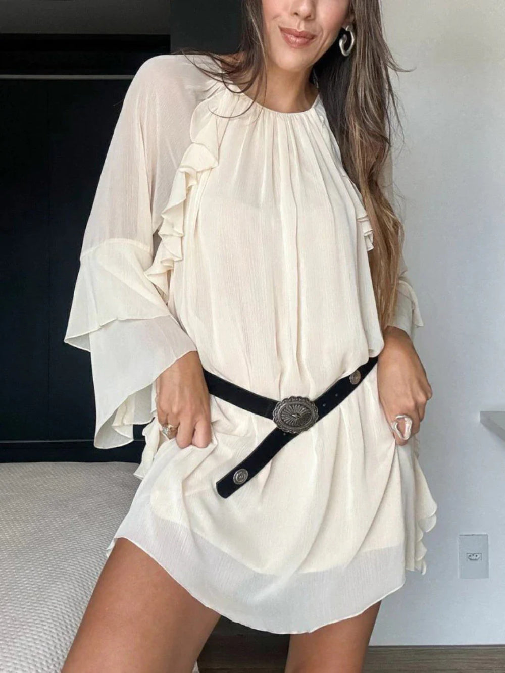 Resort Style Pleated Tiered Ruffle Mini Dress