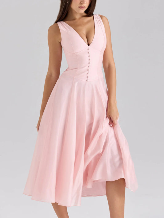 Buttoned Sexy V-Neck Waist-Tied Cami Dress