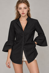 Flare Sleeve Solid Color V Neck Blouse