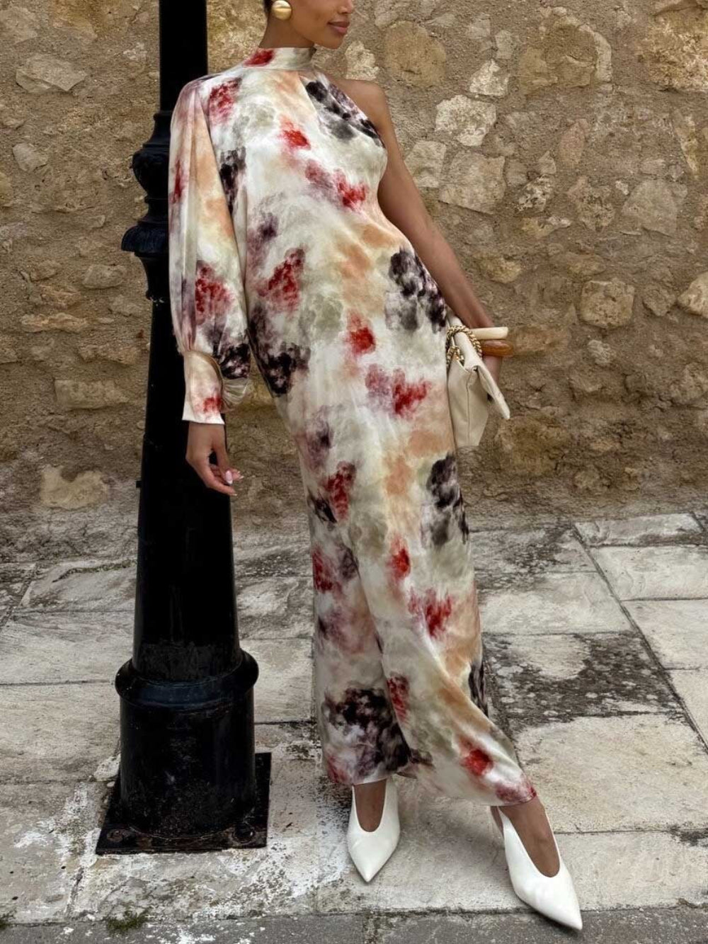 Unique Watercolor Print Single Puff Sleeve Dress