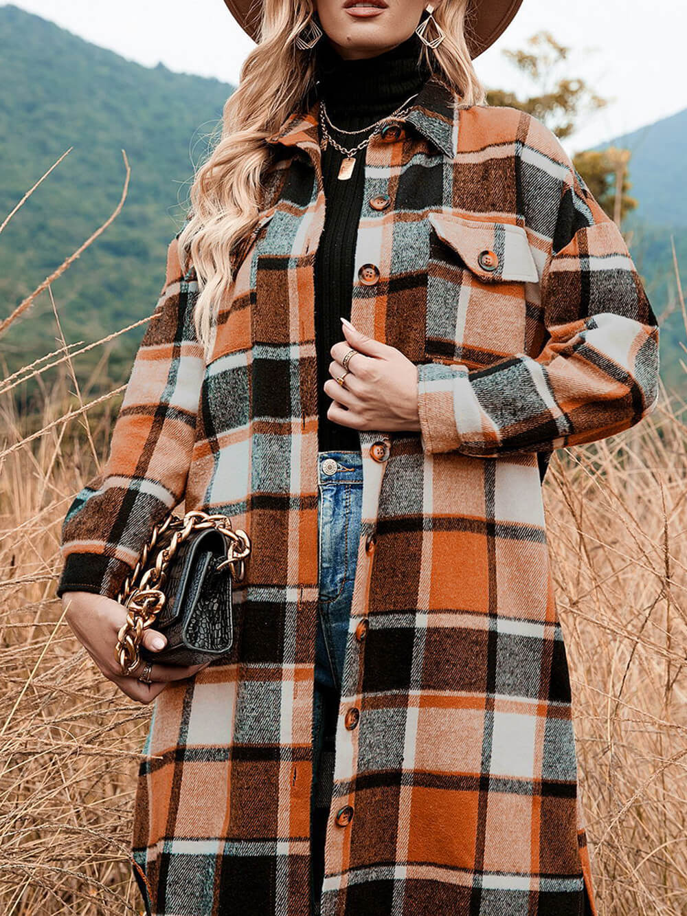 Plaid Woolen Lapel Coat