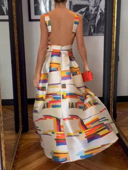 Elegant Sleeveless Backless Printed Dress