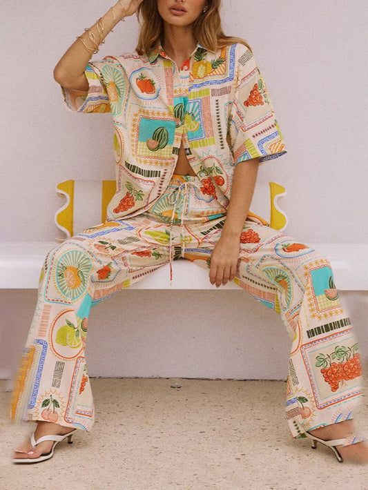 Printed Short Sleeve Shirt and Pants Set