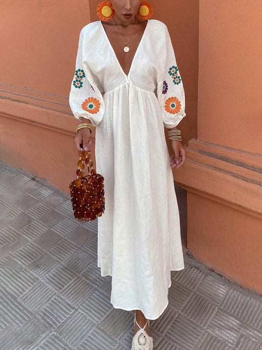 Floral Print V-Neck Lantern Sleeves Backless Dress