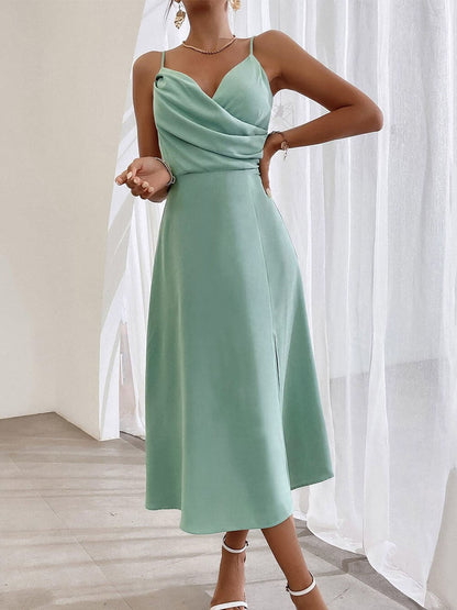 Elegant Spaghetti Strap Pleated Leg Slit Maxi Dress