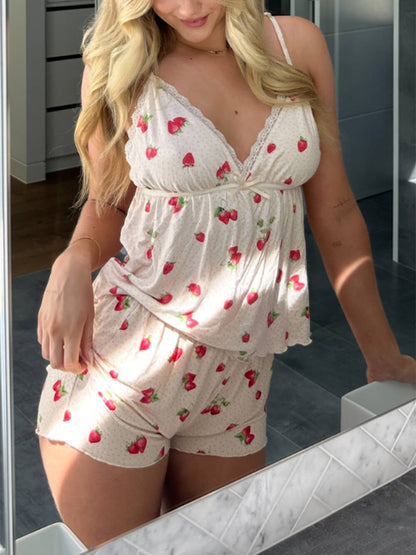 Strawberry Print Ruffle Pajama Set