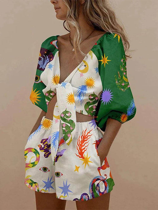 Printed Tie Front Blouse Shorts Set