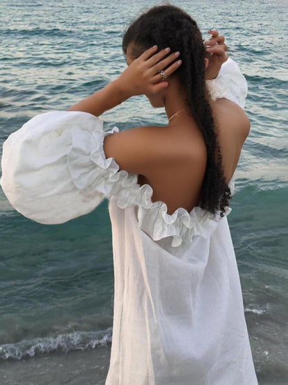 Off-Shoulder Sexy Puff Sleeve Solid Lace Beach Dress