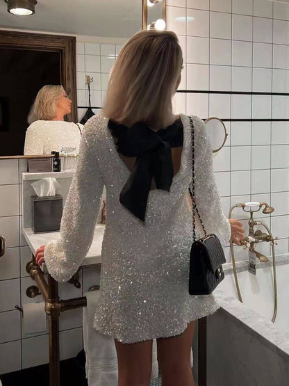 Sequined Open Back Tie Strap Mini Dress