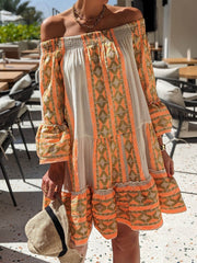 Linen Blend Vibrant Ethnic Off Shoulder Party Dress