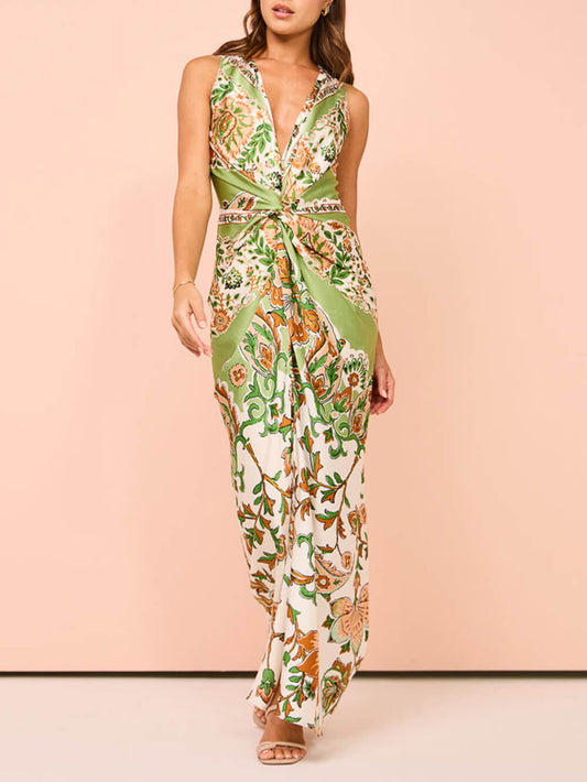 Paisley Print Twist Knot Slit Maxi Dress