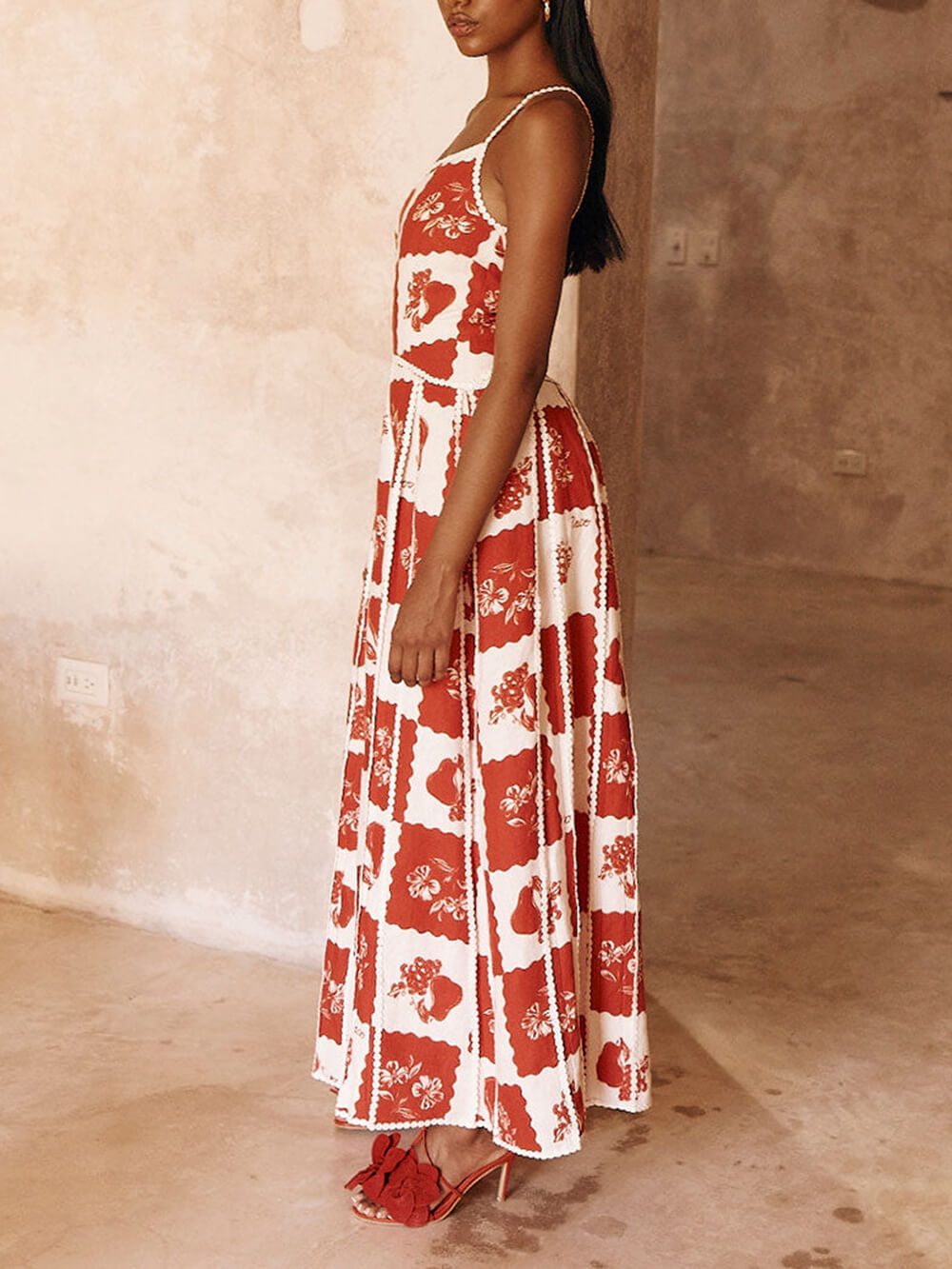 Fashion Strappy Print Trim Dress
