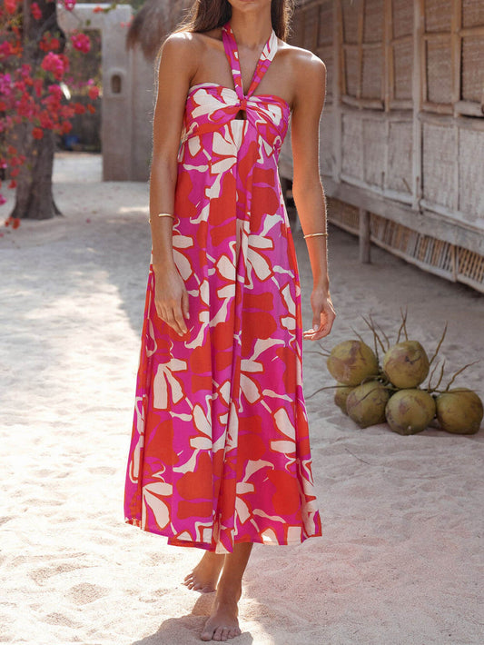 Halterneck Print Berry Lotus Dress