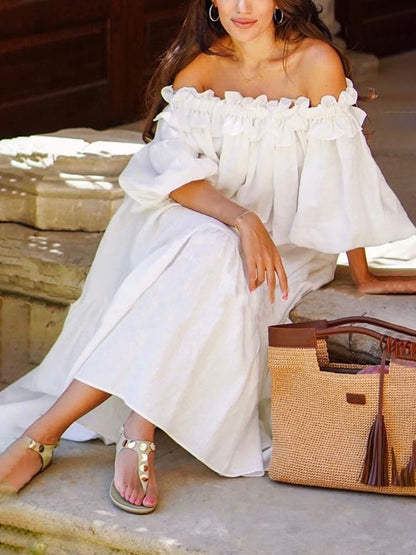 Off-Shoulder Sexy Puff Sleeve Solid Lace Beach Dress