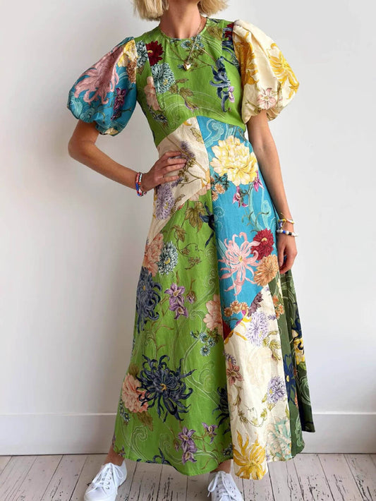 Graffiti Lantern Sleeve Casual Fashion Linen Dress