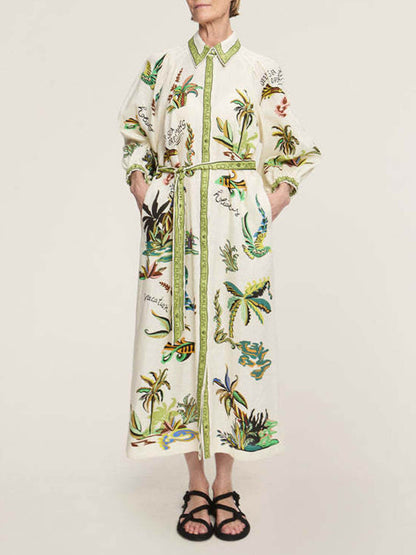 Casual Stand Collar Open-Front Tied Linen Dress