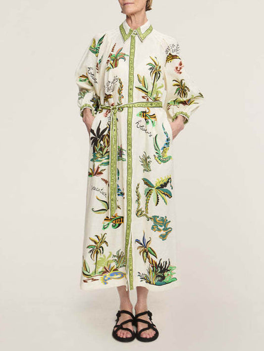 Casual Stand Collar Open-Front Tied Linen Dress