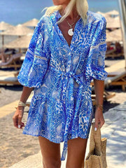 Stand Collar Shift Printed Resort Mini Dress