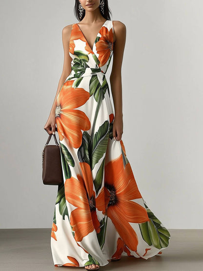 Floral Print V Neck Sleeveless A-Line Maxi Dress