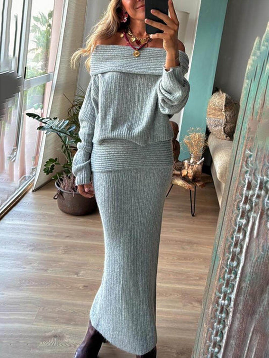 Off Shoulder Knit Top with Stretch Maxi Skirt