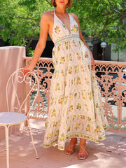 Backless Halter V-Neck Floral Dress