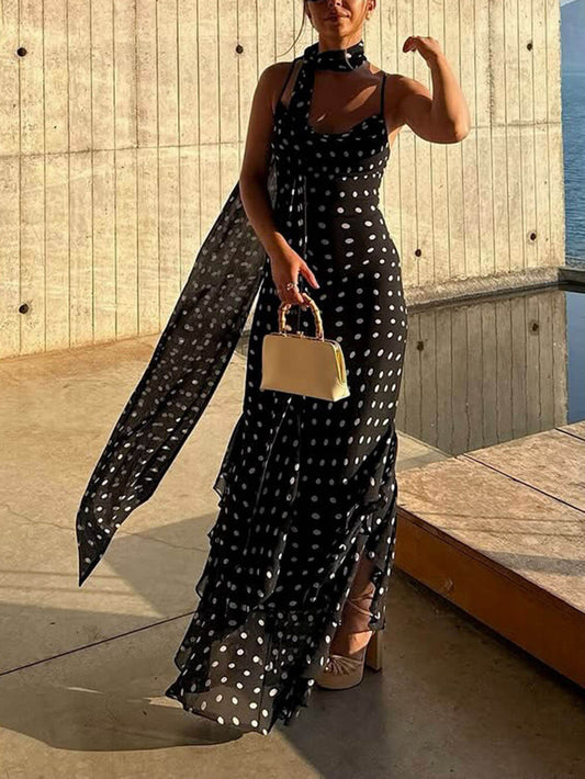 Polka Dot Scarf Collar Ruffle Cami Dress