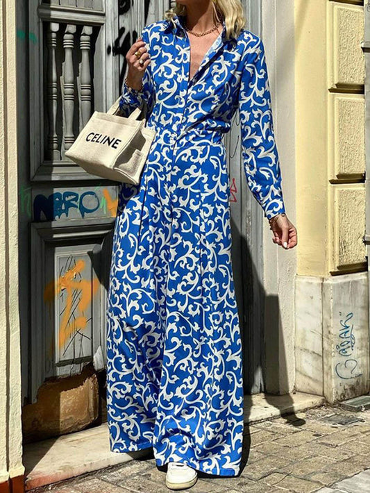 Fashionable Floral Collared Waist-Tied Midi Dress