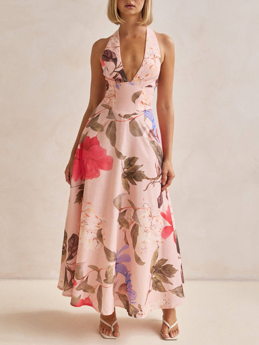 V-Neck Halter Backless Tie Beach Resort Dress