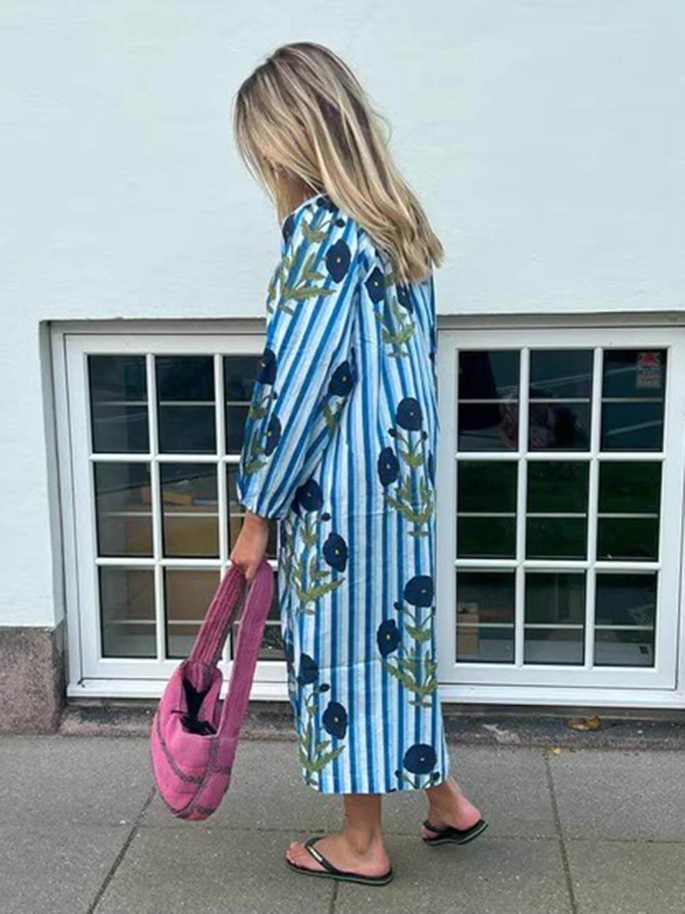 Classic Stripe Floral Print Swing Dress