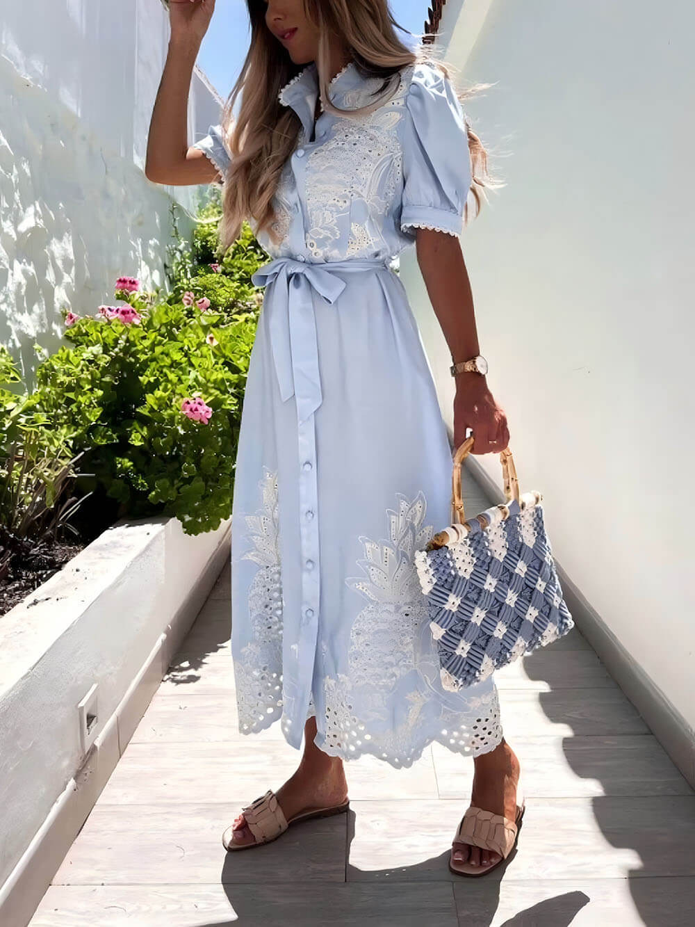 Hollow Short Sleeve Waist-Tied Flared Dress
