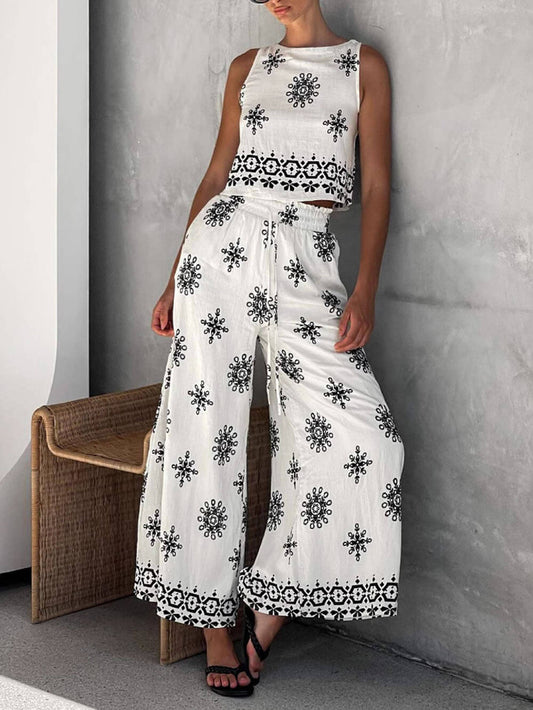 Casual Printed Linen Vest Set