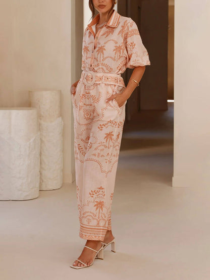 Linen Print Belted Top Pants Set
