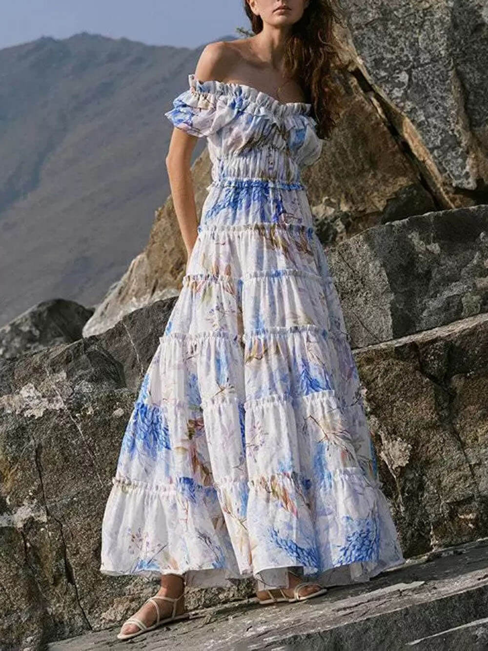 Off-Shoulder Printed Organza Fairy Evening Gown Maxi Dress