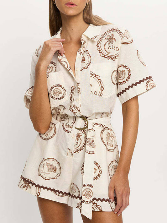 Lace-Up Linen Shell Print Jumpsuit